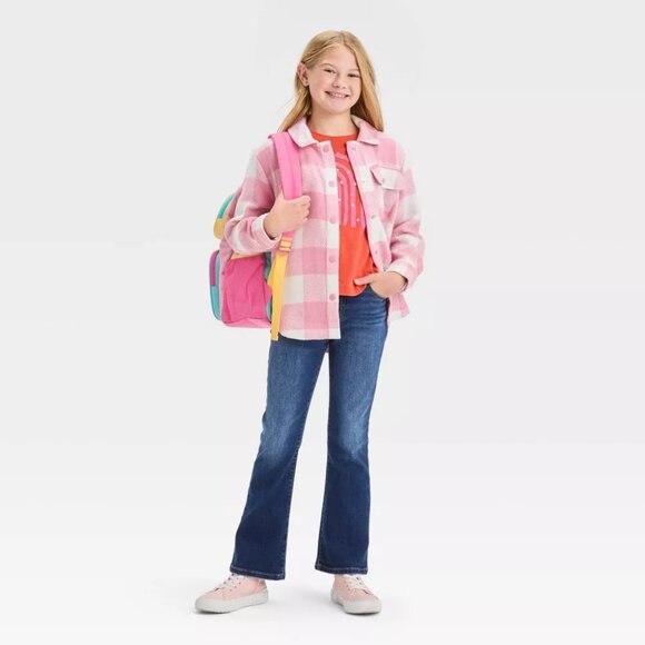 Cat & Jack - Girls' Plaid Button-Front Long Sleeve Shacket - Dusty Pink Plaid - Picture 3 of 14